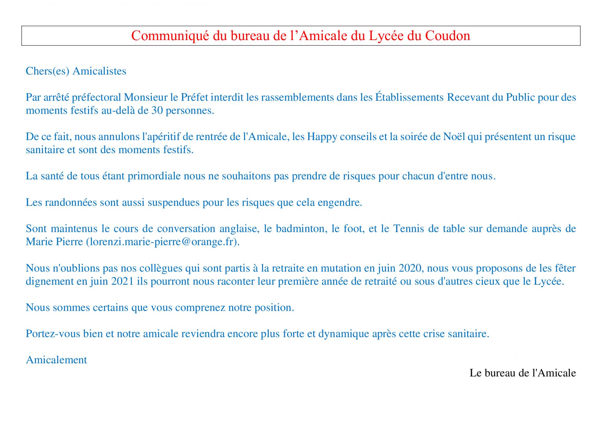 Communique du bureau amicale 1